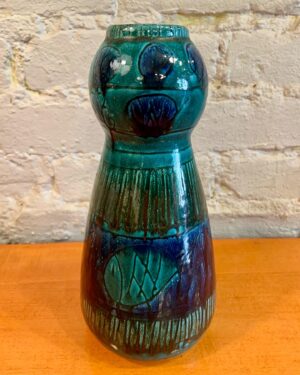 Deep Blue Ceramic Vase w Scraffito Decor from Hungary